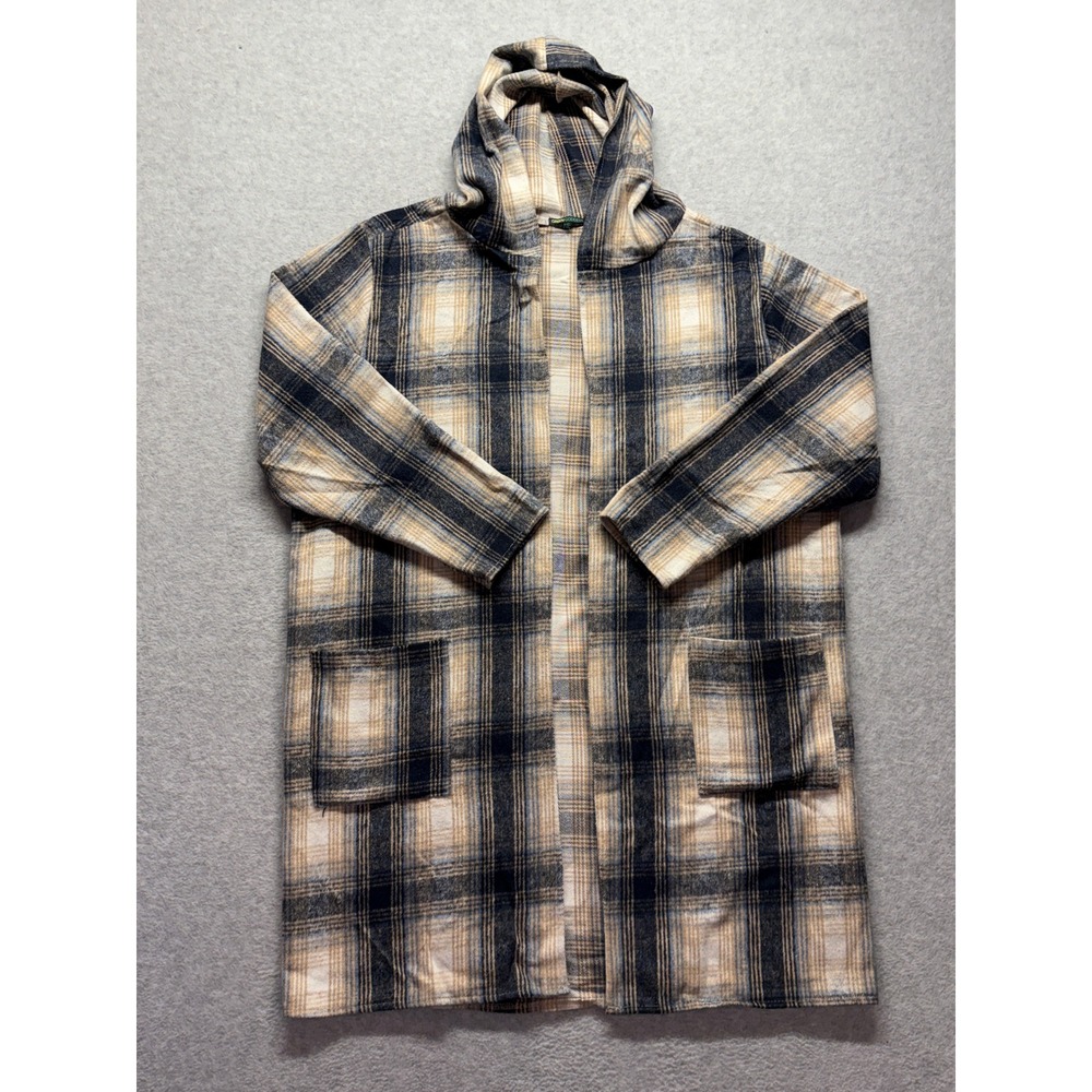 Green Goddess Plaid Hooded Open Front Cardigan Blue Tan HFC95 Mens 1X